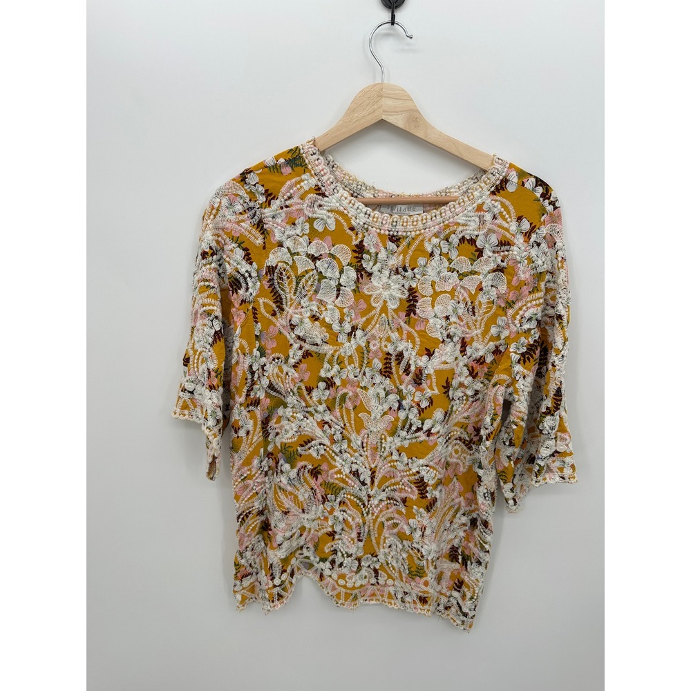 Solitaire by Ravi Khosla Womens XL Mustard Yellow Floral Embroidered Eyelet Top